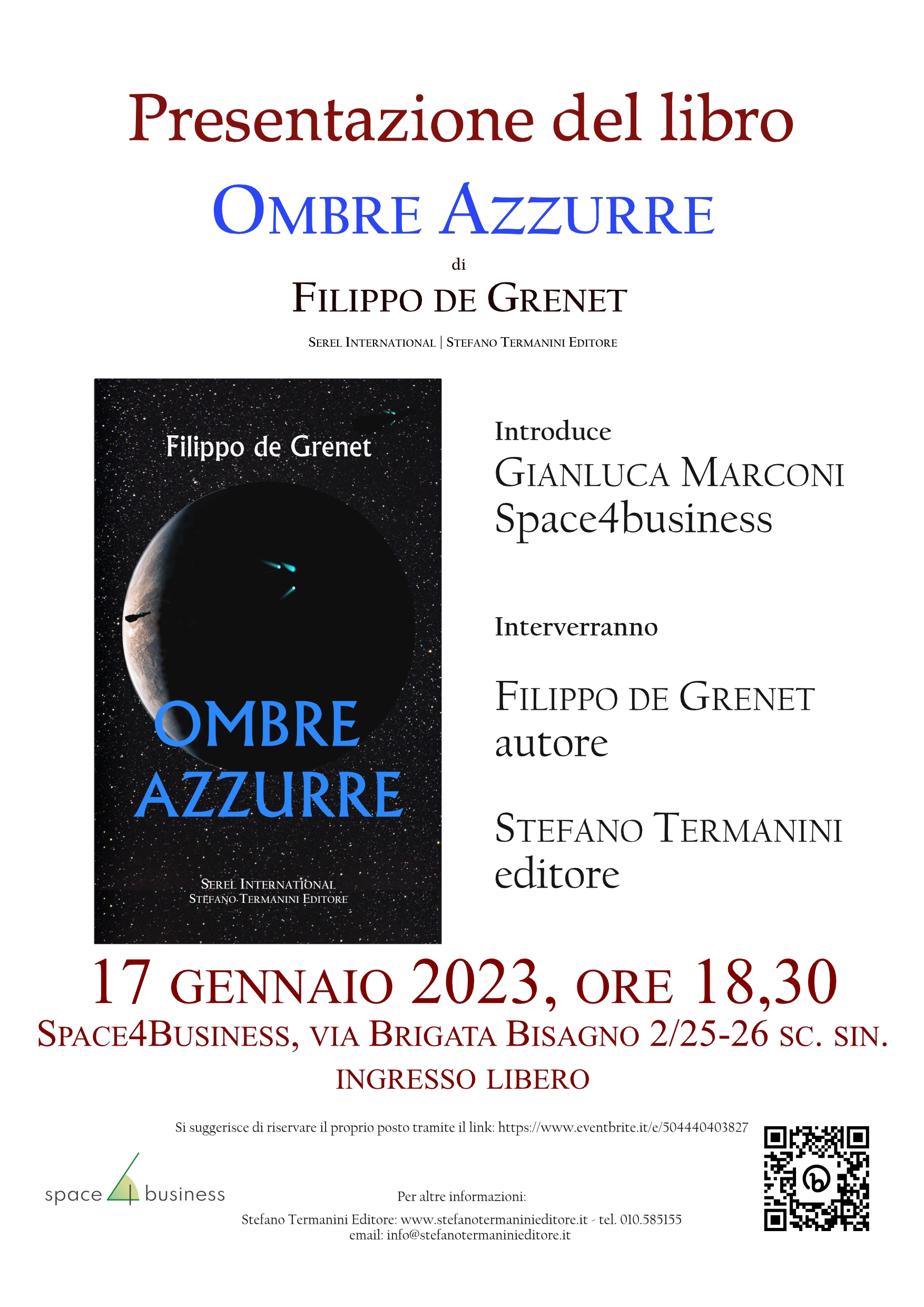 Scopri di più sull'articolo GENOVA: Presentazione libro Filippo de Grenet “Ombre Azzurre” | Space4business, 17.1.2023, h 18,30
